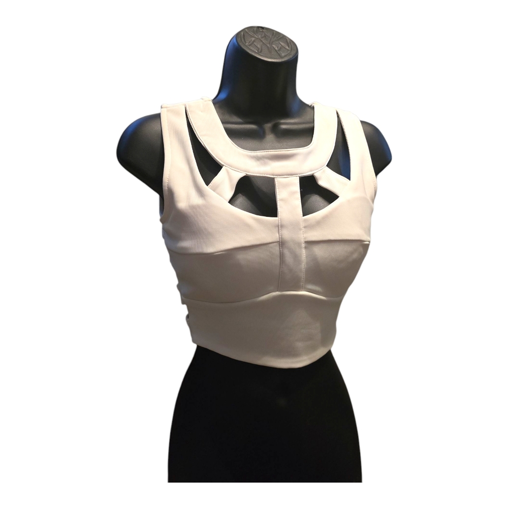 Tobi White Sleeveless Crop Tank Top with Cutout Design